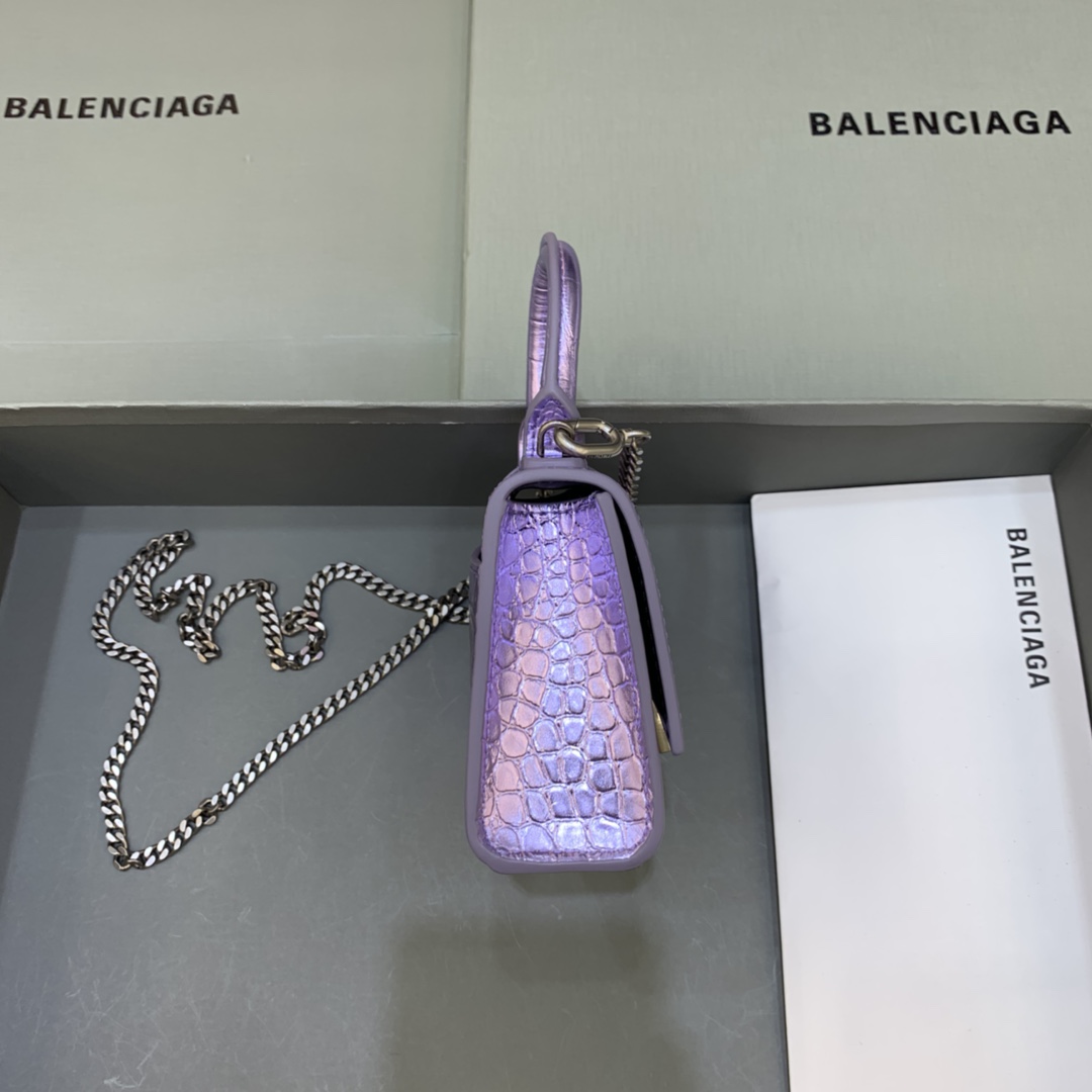 Balenciaga Hourglass Mini Handbag With Chain Crocodile Embossed Shoulder Bag Light Purple